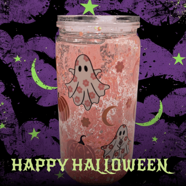 Pink Glitter Ghost & Pumpkin Tumbler  - 500ML Personalized